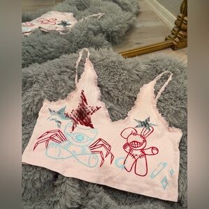 Custom Hand painted Nasty Gal Pink Lace-Trim Graphic Tank